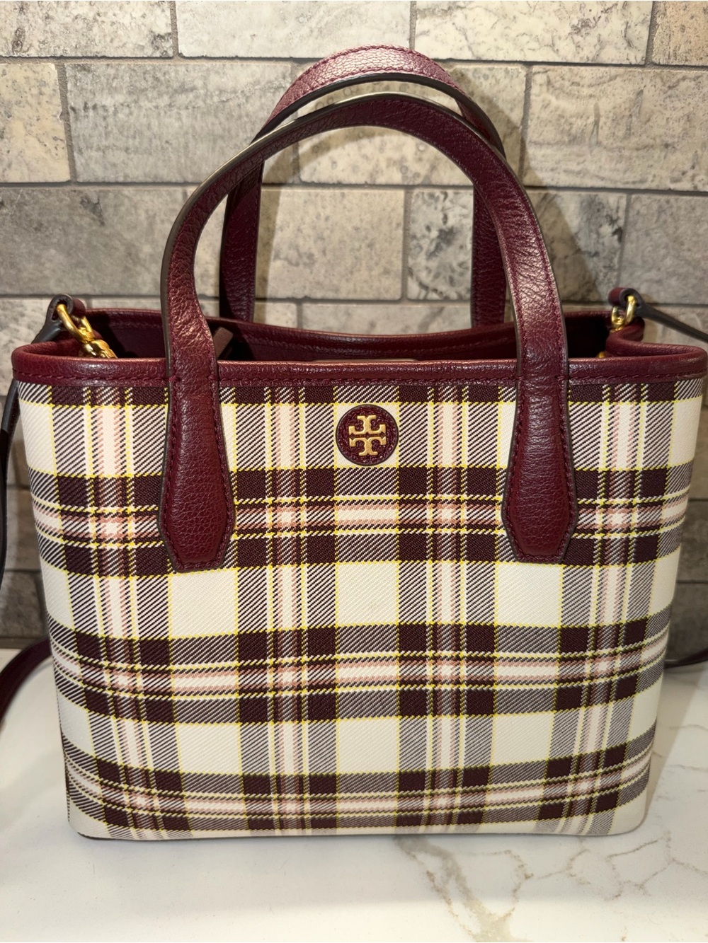 Tory Burch Blake Plaid Small Tote in Burgundy and Cream with a Crossbody Strap